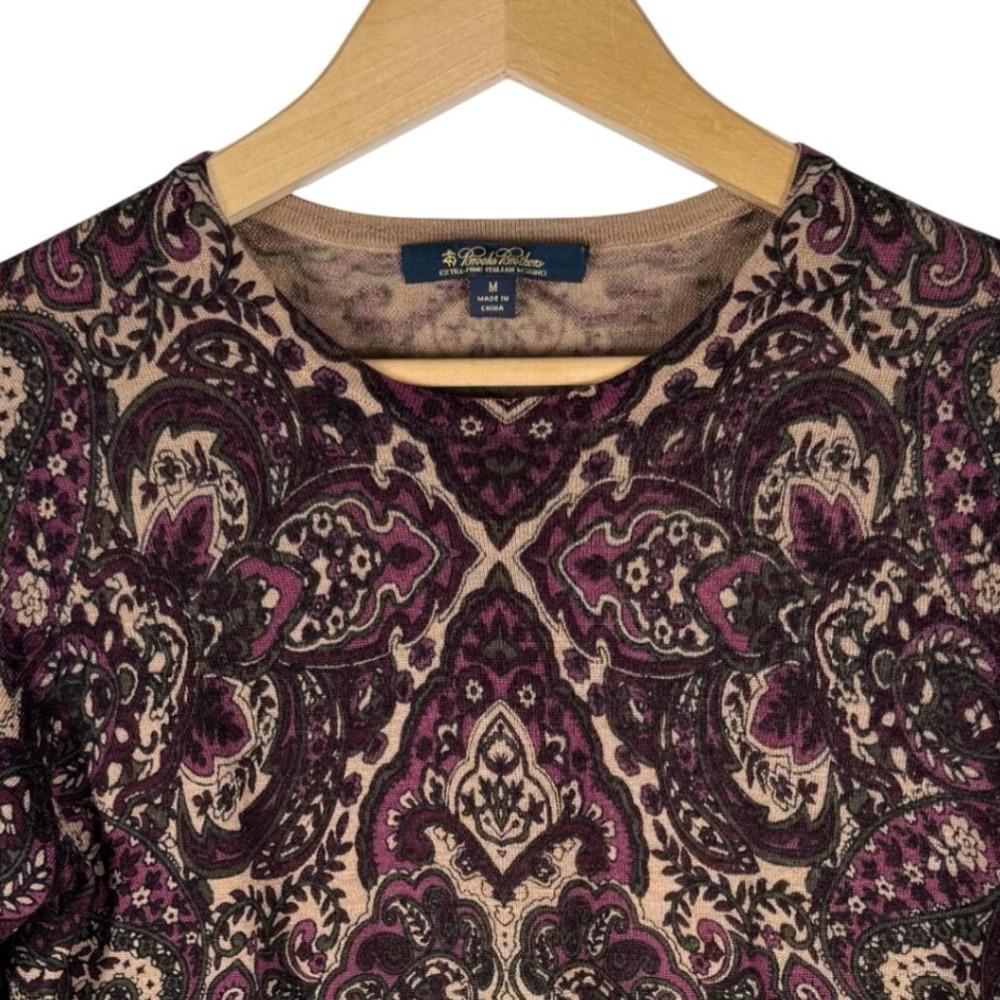 Brooks Brothers Merino Wool Sweater Womens M Paisley Damask Purple Long Sleeve